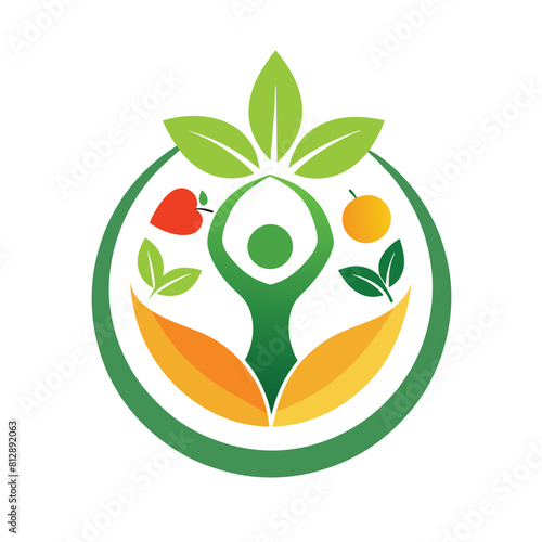A person holding leaves and fruit arranged in a circular pattern, symbolizing healthy living, Healthy lifestyle logo, minimalist logo