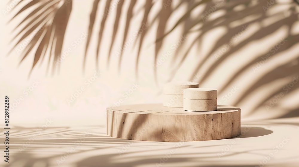 Natural wooden podium display with leaf shadow Product presentation beige background Cosmetics or beauty product promotion trendy minimalist mockup : Generative AI Natural wooden podium display with leaf shadow Product presentation beige background Cosmetics or beauty product promotion trendy minimalist mockup : Generative AI