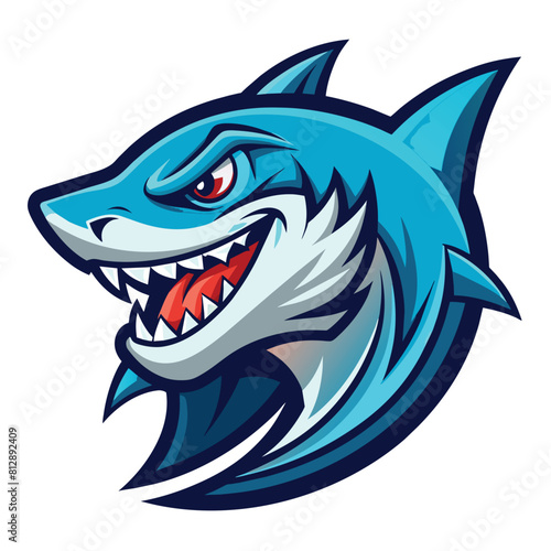 A fierce blue shark with sharp teeth showing its menacing appearance, Illustrated Furious Shark, Logo, Mascot