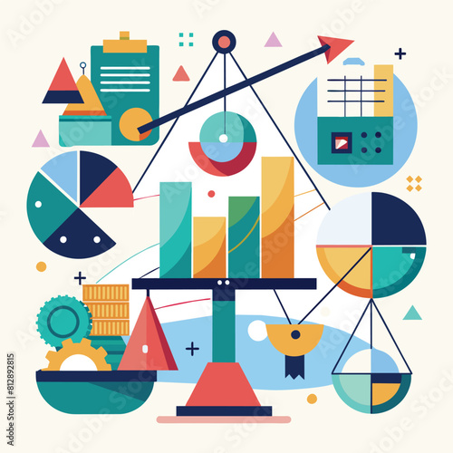 A variety of objects being weighed on a balance scale, showing a comparison of their weights and balances, Incorporate geometric shapes to represent the balance and accuracy of accounting practices