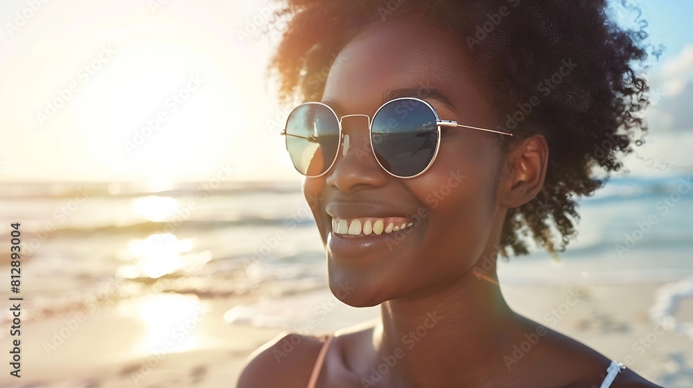 Portrait of smiling black woman wearing fashion sunglasses at the beach with copy space Pretty african american girl wearing specs at the seaside during summer vacation Beautiful young : Generative AI Portrait of smiling black woman wearing fashion sunglasses at the beach with copy space Pretty african american girl wearing specs at the seaside during summer vacation Beautiful young : Generative AI
