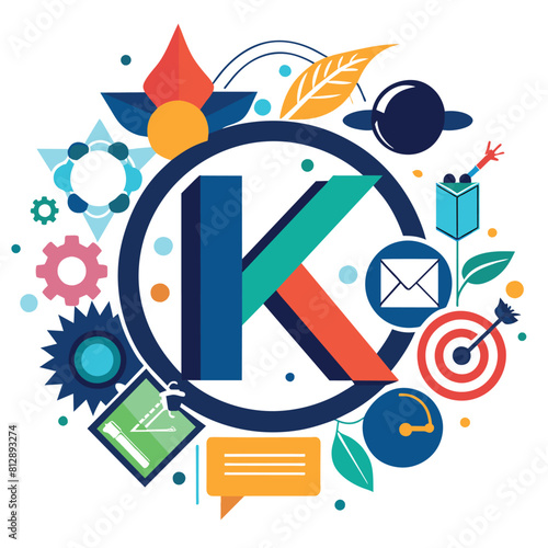 Letter K standing out among assorted items like books, fruits, tools, and gadgets, Letter S logo icon design template elements