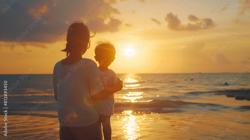 Mother and child are looking at seascape at sunset Family summer vacation at sea concept Warm rays of sunlight Back view : Generative AI Mother and child are looking at seascape at sunset Family summer vacation at sea concept Warm rays of sunlight Back view : Generative AI