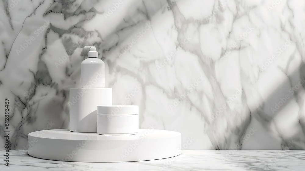 Podium display flat lay for mock up presentation White marble background with luxury lifestyle use for skincare or cosmetics Prop food products : Generative AI Podium display flat lay for mock up presentation White marble background with luxury lifestyle use for skincare or cosmetics Prop food products : Generative AI
