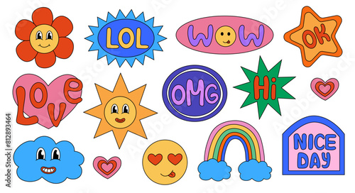 Collection of trendy retro sticker cartoon shapes. Funny comic character art and quote sign patch Set. Lol, Nice Day, OMG. Flat Vector Design.