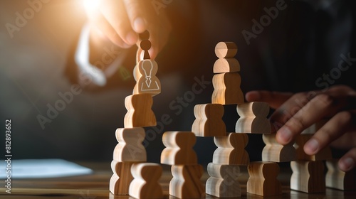 Organizational chart with human resource managers hand placing wooden piece concept about career the ladder of success hiring higher job or position HR organigram professionnal organiz : Generative AI