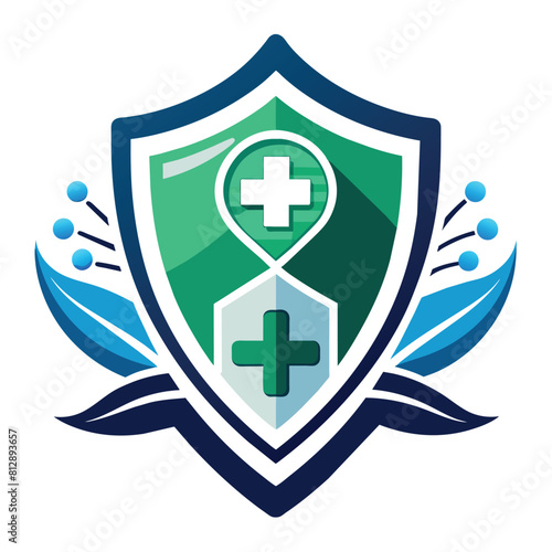 A shield bearing a prominent cross symbol, conveying strength and protection, medical tech logo designs template, healthcare logo designs