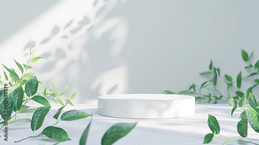 Empty white podium and green leaves on light grey background top view Pedestal and fresh natural branches for cosmetic marketing Product presentation or sale mockup Top view Minimal fl : Generative AI Empty white podium and green leaves on light grey background top view Pedestal and fresh natural branches for cosmetic marketing Product presentation or sale mockup Top view Minimal fl : Generative AI