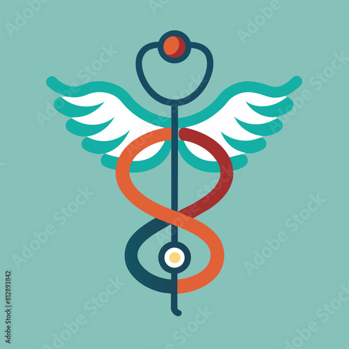 A minimalist design featuring a medical symbol with wings and a rod, Minimalist design of a stethoscope intertwined with a caduceus symbol
