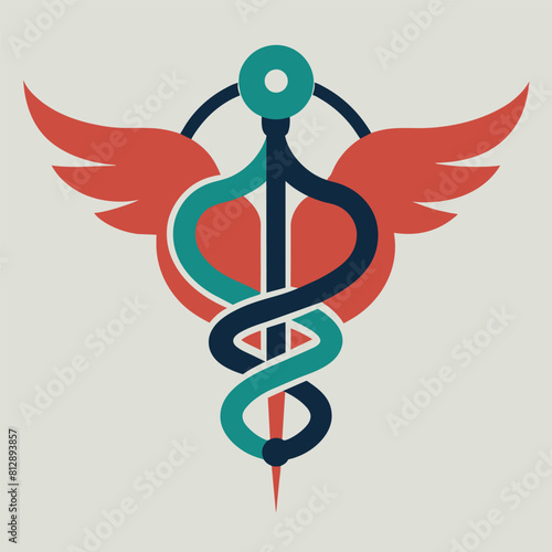A minimalist design featuring a stethoscope intertwined with wings and a rod, symbolizing medical care and healing, Minimalist design of a stethoscope intertwined with a caduceus symbol