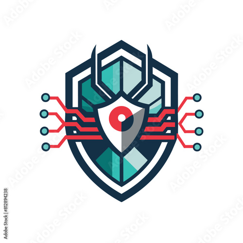 Shield logo design featuring a red dot emblem for cybersecurity purposes, Minimalist representation of cybersecurity, minimalist logo
