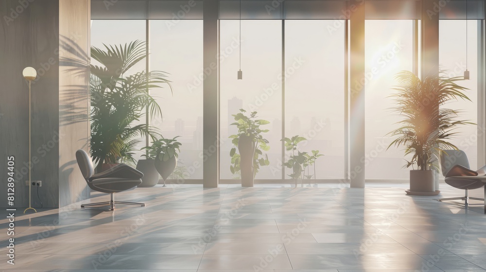 Minimalist and elegant depiction of modern office interior with large windows and diffused natural light creating tranquil ambiance, AI Generated hyper realistic Minimalist and elegant depiction of modern office interior with large windows and diffused natural light creating tranquil ambiance, AI Generated hyper realistic
