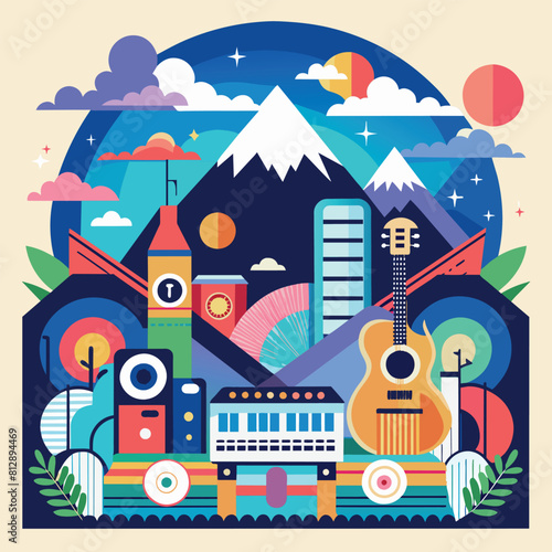 A modern, minimalist poster featuring a city skyline with a guitar overlay, perfect for a music festival promotion, Modern and minimalist design for a music festival poster