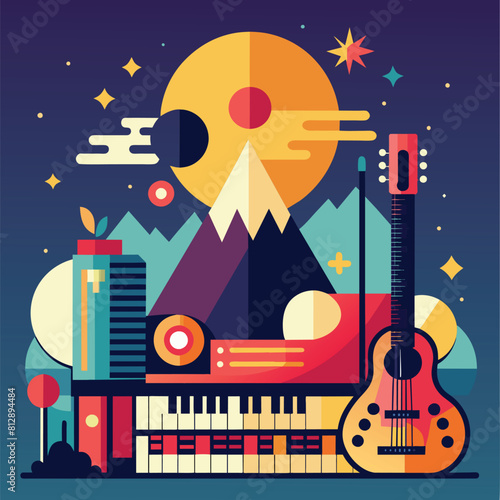 A modern and minimalist poster showcasing a guitar and various other musical instruments, Modern and minimalist design for a music festival poster
