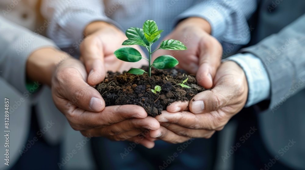Plants, sustainability and the earth in the hands of business people for teamwork, support or environment Collaborating, growing, and investing in people and the soil for the future. hyper realistic 