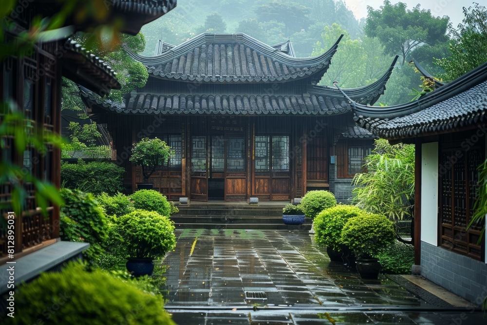 Serene view of a classic chinese courtyard with lush greenery on a rainy day Serene view of a classic chinese courtyard with lush greenery on a rainy day