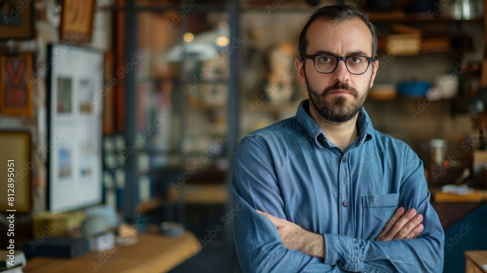 Portrait of successful small business owner standing proudly and looking at camera. hyper realistic Portrait of successful small business owner standing proudly and looking at camera. hyper realistic