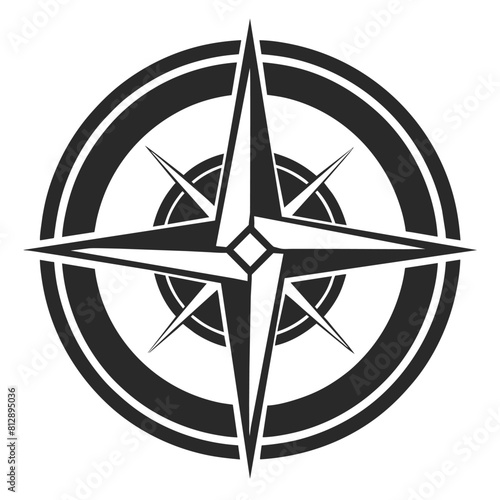 Black and white compass with clear markings, pointing north, on a plain white background, Outline of a compass in a monochromatic design, minimalist logo