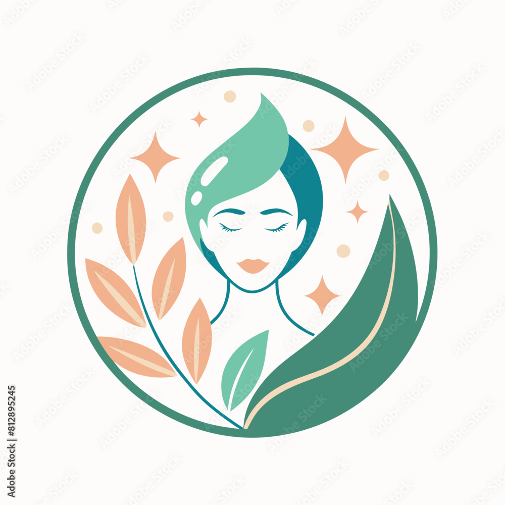A womans face in focus with leaves and stars in the background, creating a serene yet striking composition, Produce a clean, minimalist logo for a new skincare line A womans face in focus with leaves and stars in the background, creating a serene yet striking composition, Produce a clean, minimalist logo for a new skincare line