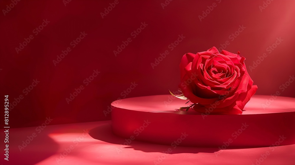 Fototapeta premium Suitable for Product Display and Business Concept Modern aesthetic Product podium and red rose flower on red background Elegant beauty concept : Generative AI