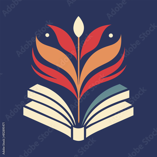 An open book with a leaf resting on top of it, Produce a simple and elegant design for a publishing house