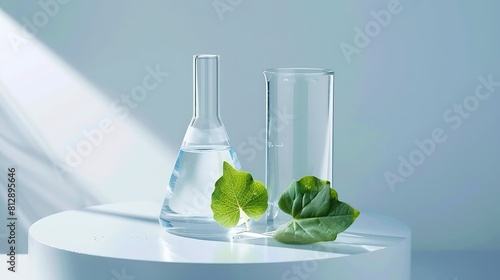 A glass beaker containing water and gotu kola Centella asiatica decorated with erlenmeyer flask and round podium Empty space to display cosmetic product : Generative AI photo