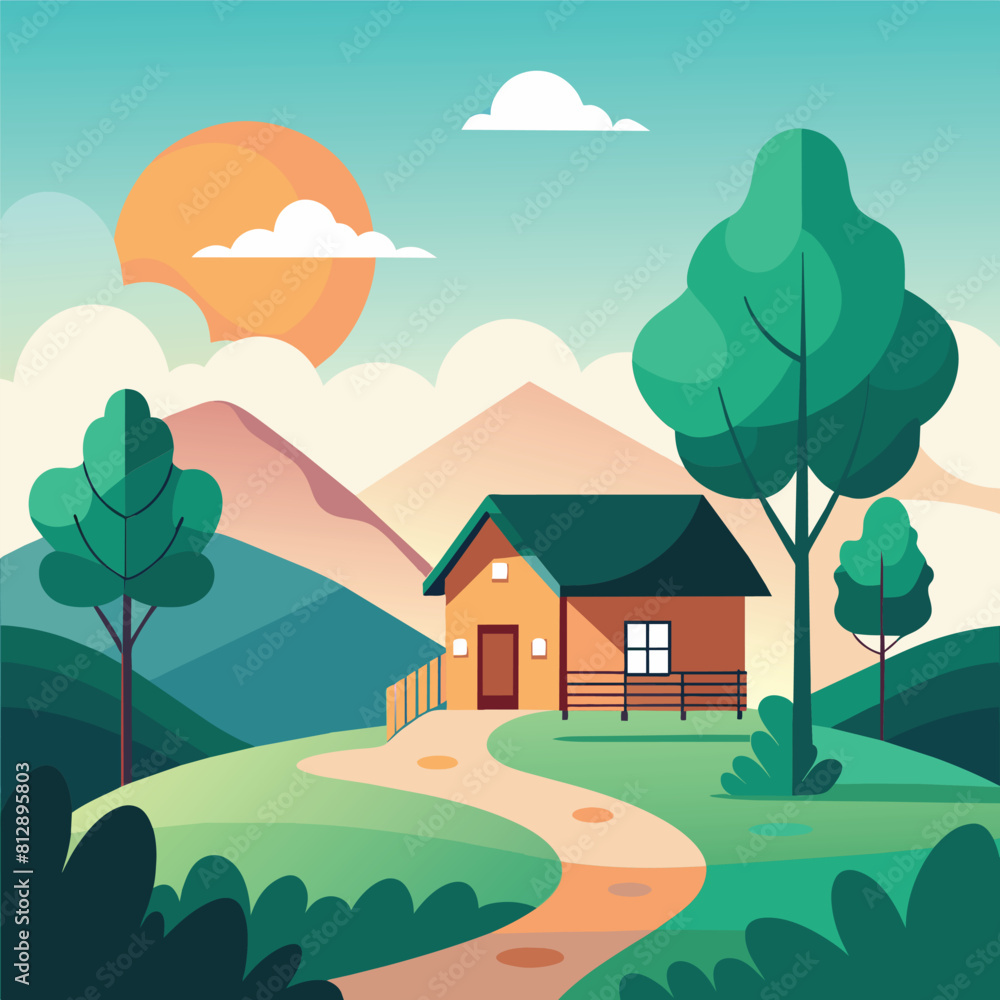 Naklejka premium A small house stands in the middle of a vibrant green field, Serene landscape with minimalist touches, such as a single tree or house