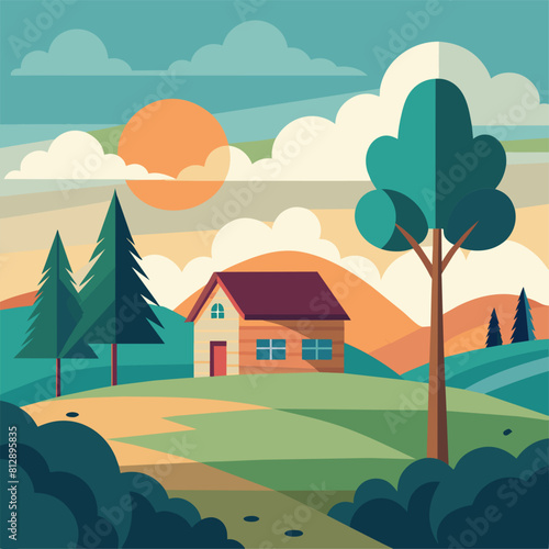 Sunset casts a warm glow over a peaceful countryside scene, Serene landscape with minimalist touches, such as a single tree or house
