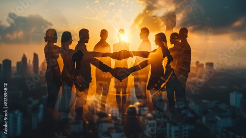 work charity volunteer together hands standing team business background city modern people business silhouette together hand join business teamwork panoramic exposure double. corona hyper realistic  photo