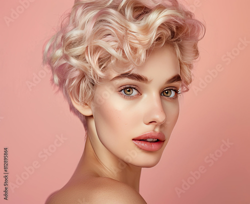 Beautiful model girl with short hair Beauty woman with blonde curly hairstyle dye Fashion, cosmetics and makeup