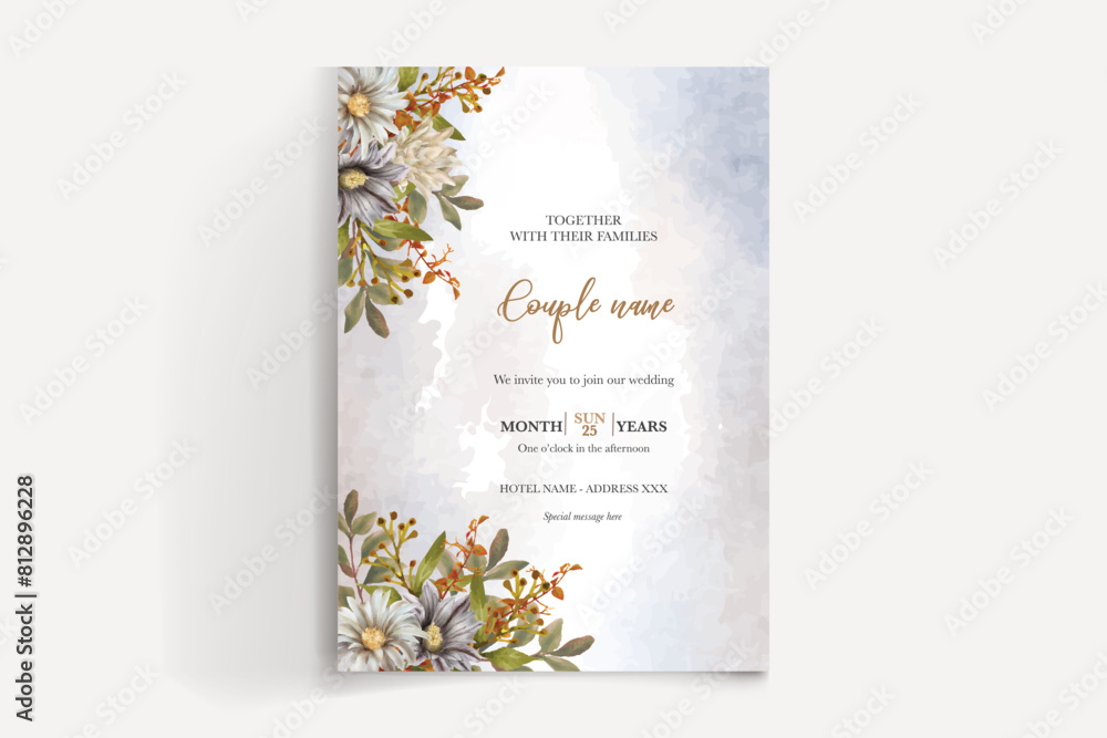 WEDDING INVITATION FRAME WITH FLOWER DECORATIONS AND FRESH LEAVES WEDDING INVITATION FRAME WITH FLOWER DECORATIONS AND FRESH LEAVES