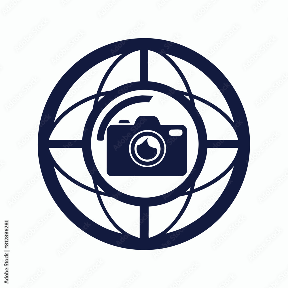 Silhouette camera encloses globe in circle against white backdrop, Simple silhouette of a camera with a globe inside, minimalist logo Silhouette camera encloses globe in circle against white backdrop, Simple silhouette of a camera with a globe inside, minimalist logo