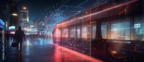 A Glow HUD maps out efficient public transport routes over a blur background of moving buses and trains in a dynamic urban transport hub