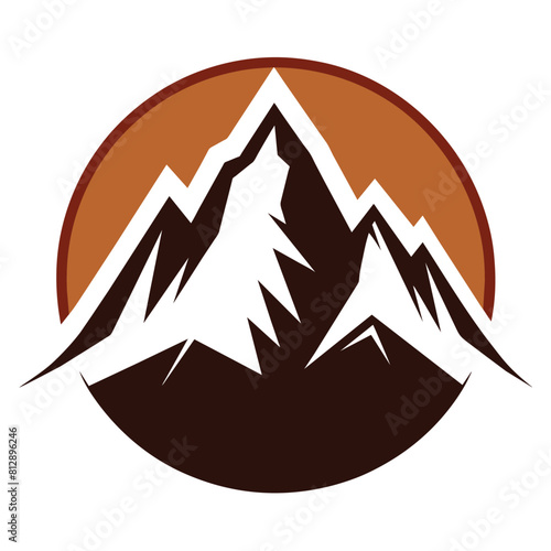 Silhouette of mountain surrounded by brown circle icon on white background, simple mountain silhouette logo