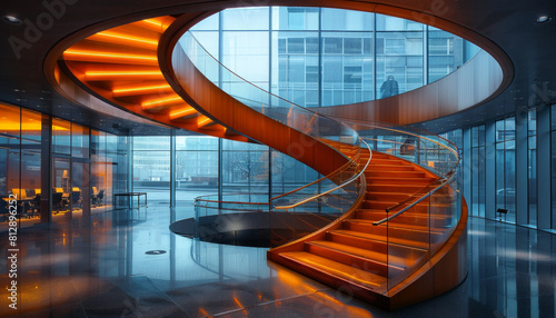 A spiral staircase in a building with a glass ceiling