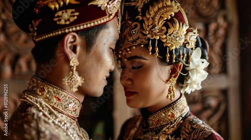 The bride and groom look very beautiful after their traditional Javanese, Indonesian wedding photo