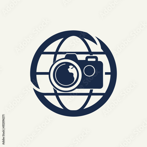 A camera sitting on top of a globe against a plain background, Simple silhouette of a camera with a globe inside, minimalist logo