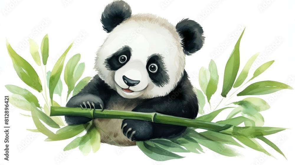 A kawaii watercolor of a playful panda eating bamboo, designed in a vibrant cartoon style isolated minimal with white background A kawaii watercolor of a playful panda eating bamboo, designed in a vibrant cartoon style isolated minimal with white background