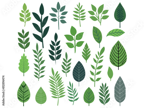 Green leaf icons are set isolated on a white background