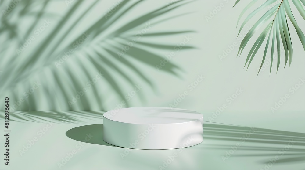 Minimal abstract background with shadow of tropical palm leaves Presentation of cosmetic product Premium podium on pastel light green wall white table Showcase display case Front view : Generative AI Minimal abstract background with shadow of tropical palm leaves Presentation of cosmetic product Premium podium on pastel light green wall white table Showcase display case Front view : Generative AI