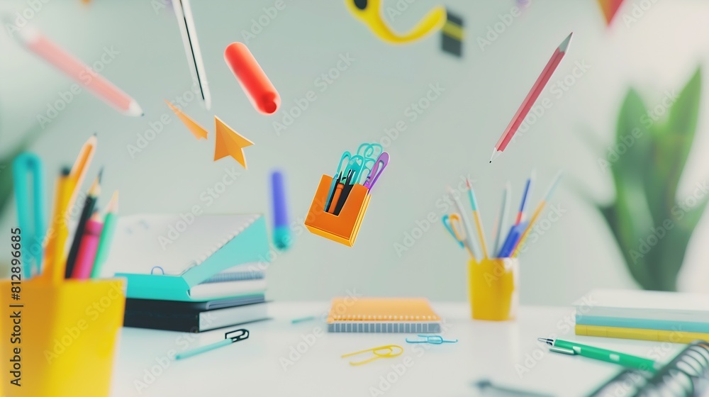 Fototapeta premium Office supplies stationery levitate over white table Back to school work education creative layout : Generative AI