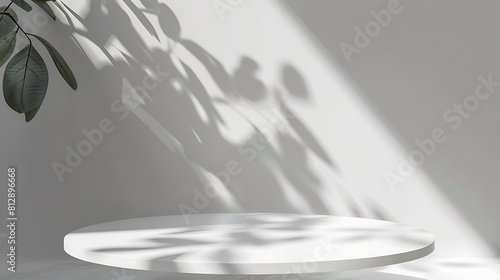 White Wall Studio BackgroundEmpty Grey Room Background with Light Leaves Shadow on Table Top Surface TextureBackdrop Mockup Display Podium Design for displaying product present of Cosm : Generative AI photo