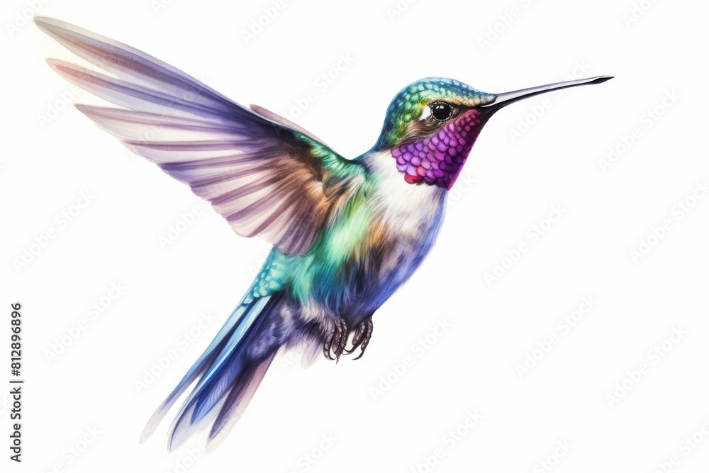Obraz premium A tiny watercolor of a colorful hummingbird in flight, capturing its delicate motion isolated white background
