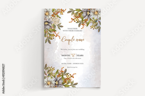 WEDDING INVITATION FRAME WITH FLOWER DECORATIONS AND FRESH LEAVES