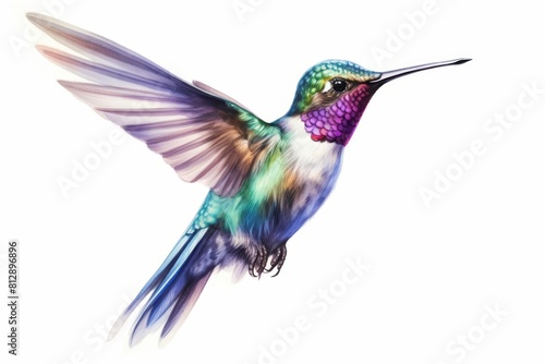 A tiny watercolor of a colorful hummingbird in flight  capturing its delicate motion isolated white background