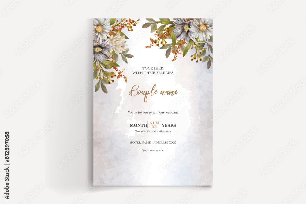 WEDDING INVITATION FRAME WITH FLOWER DECORATIONS AND FRESH LEAVES WEDDING INVITATION FRAME WITH FLOWER DECORATIONS AND FRESH LEAVES