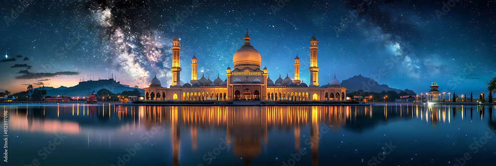 spectacular mosque building with mesmerizing night sky reflected in calm blue waters, framed by a lush green tree