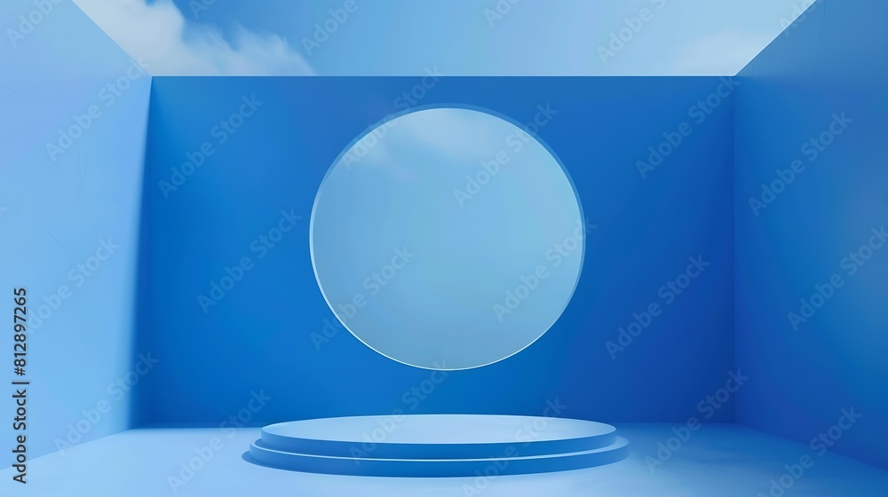 3d render abstract background blue with blue sky inside the window on the blue wall with vacant podium Blank showcase mockup with empty round stage : Generative AI 3d render abstract background blue with blue sky inside the window on the blue wall with vacant podium Blank showcase mockup with empty round stage : Generative AI