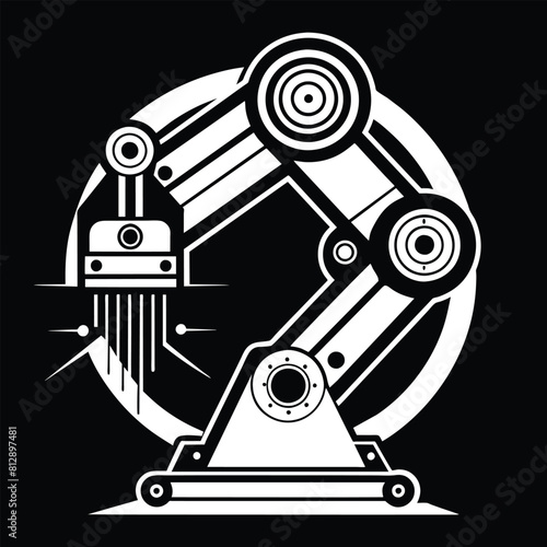 Blueprint of a robotic arm machinery in black and white color scheme, Stylized blueprint of a robotic arm in black and white, minimalist logo