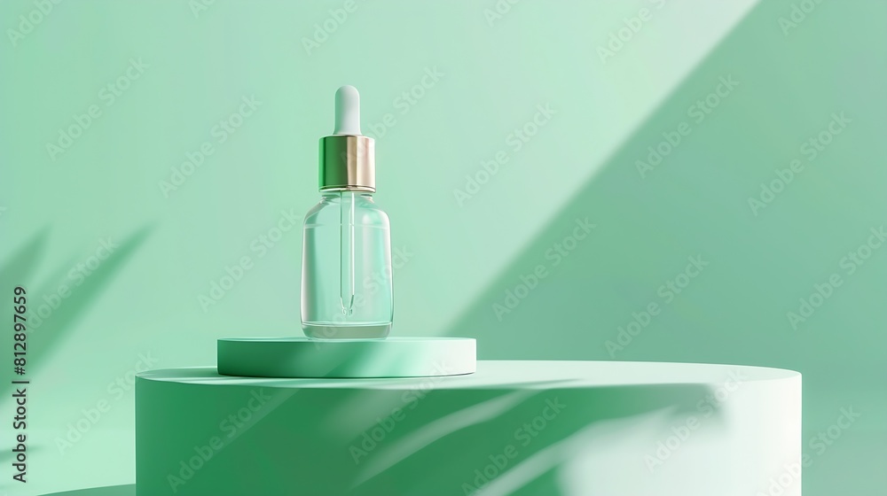 Serum cosmetic bottle with peptides and retinol on podium pedestal on green background Serum beauty dropper mockup showcase : Generative AI Serum cosmetic bottle with peptides and retinol on podium pedestal on green background Serum beauty dropper mockup showcase : Generative AI